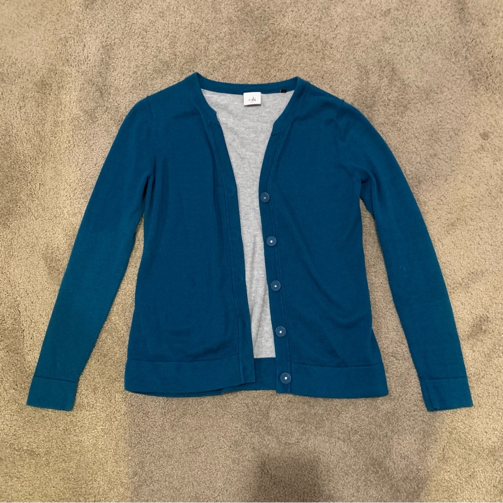 Cabi Moroccan Blue V-Neck Snap-Closure Long-Sleeve Ever Cardigan #3368 Teal - Picture 3 of 6